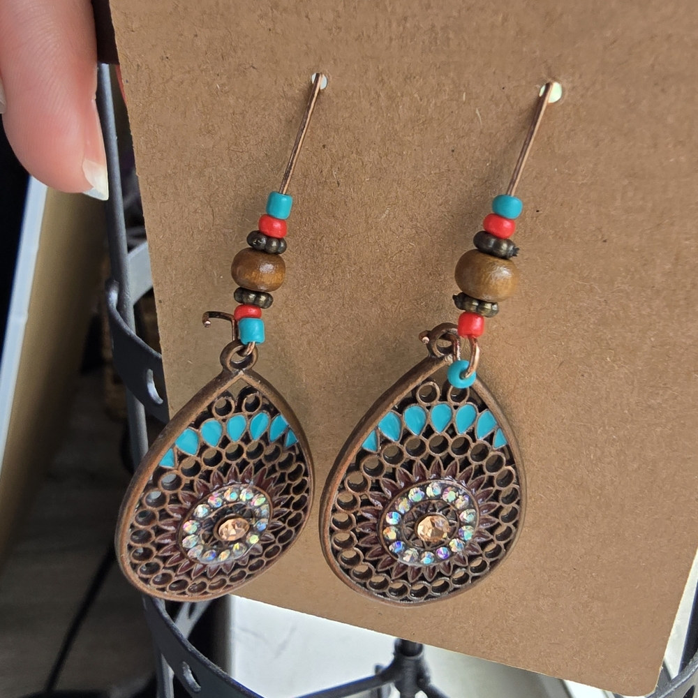 Boho Teardrop Rhinestone Earrings | Turquoise & Wood Bead Dangle Earrings